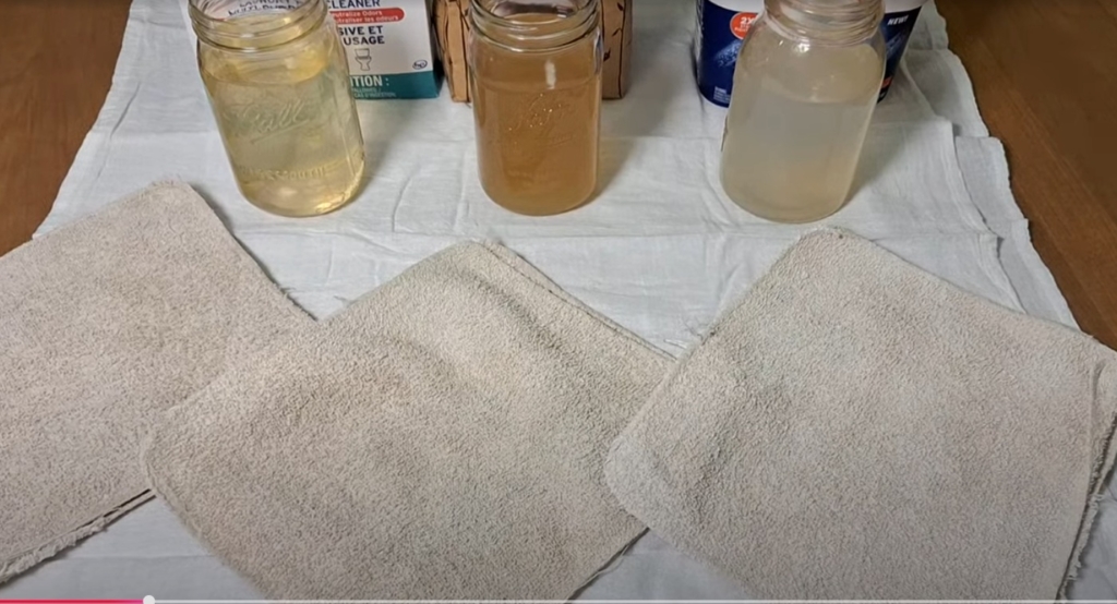 Cotton rags after separate treatments with Borax, washing soda and OxiClean