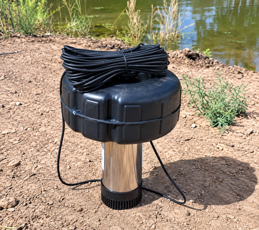 1 HP floating pond fountain and power cord on the bank before installation in our farm pond.