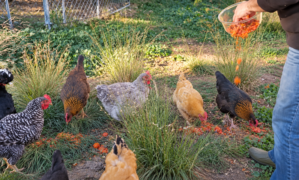 Backyard chickens eating leftover tomato skins and seeds after making homemade marinara sauce.