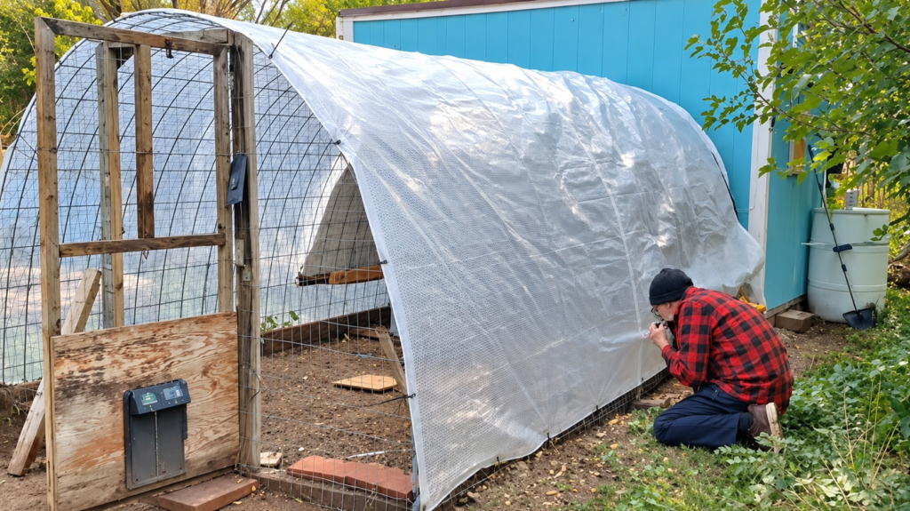 Installing clear plastic sheeting over a hoop-style chicken run to protect it from winter rain and snow.