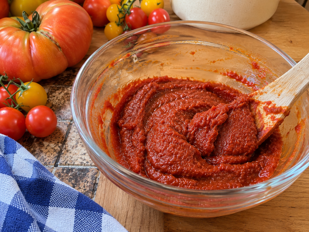 Thick homemade tomato paste in a clear glass mixing bowl with a wooden spatula, surrounded by fresh garden tomatoes on a rustic kitchen table.
