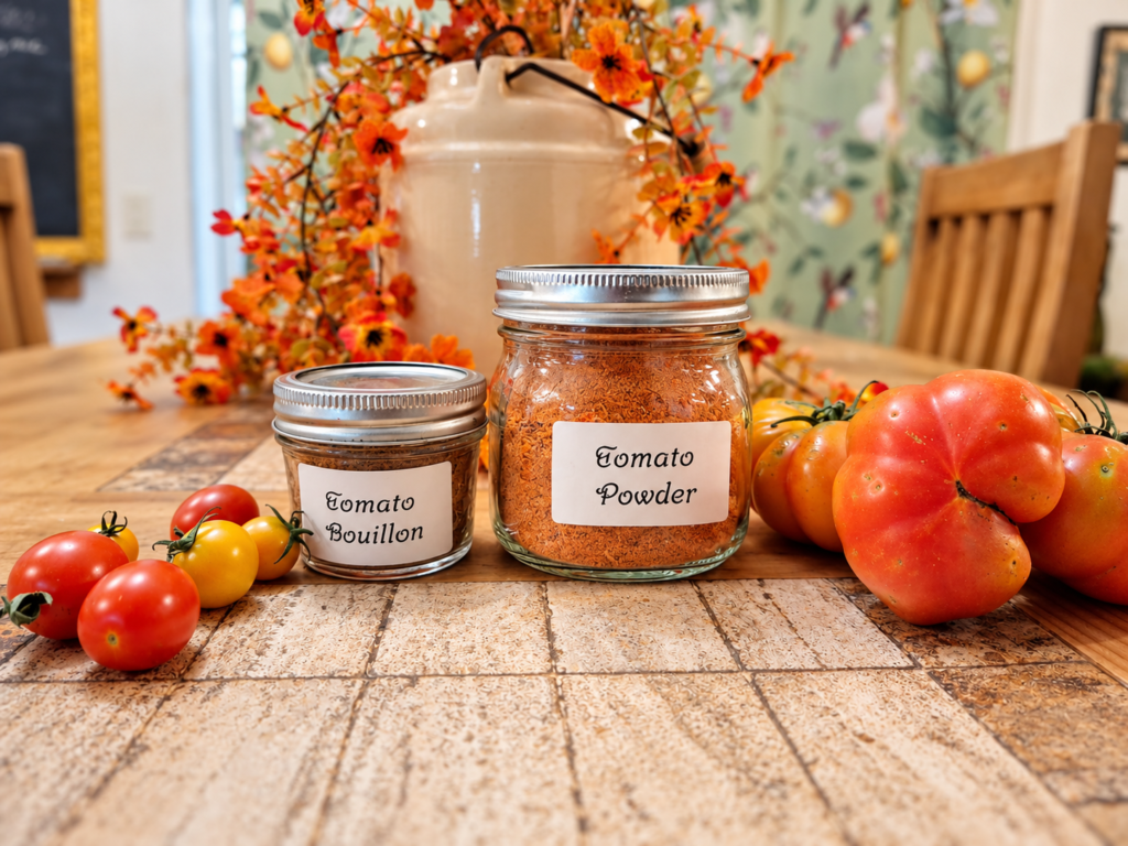 Two glass jars of homemade tomato powder and vegetarian tomato bouillon surrounded by fresh garden tomatoes and orange flowers on a farmhouse table.